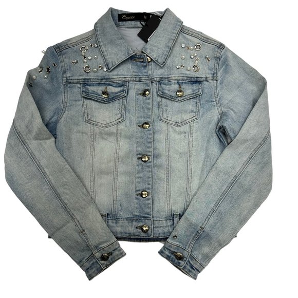 Sparkle Denim Pearl and Grommet Denim Jacket (M) - Picture 1 of 11